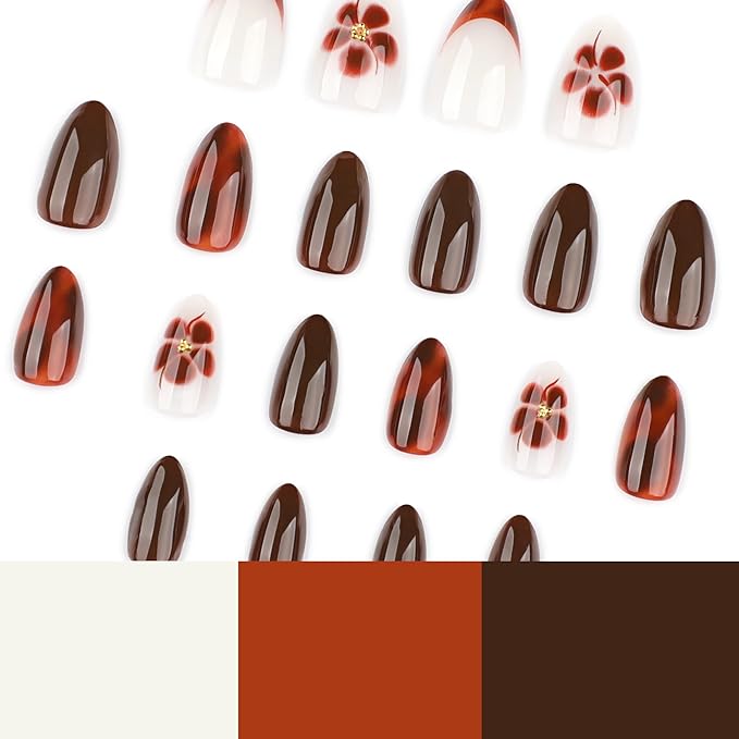 Deep Brown Almond Press On Nails Short, Fall Fake Nails with 3D Floral & Gradient Detail, Glossy Gel Finish Acrylic Nails, Fall Reusable Glue On Nails Kit for Women, 24Pcs