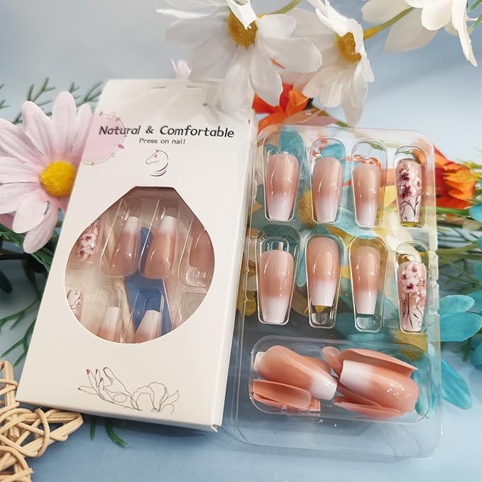 24Pcs Flower Press on Nails White Gradient Acrylic Full Cover Fake Nails Plum Blossom Gel Glue on Fingernails Glossy Pink Ombre Medium Coffin False Nail Curve Stick on Nail for Holiday Manicure Art