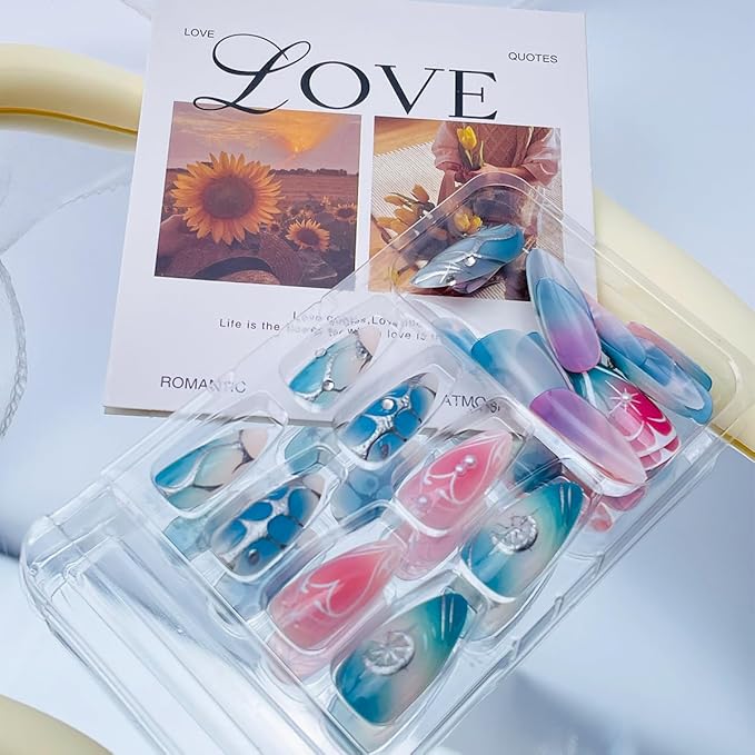 Almond Press on Nails Medium Fake Nails Pink Blue Gradient False Nail with Rrhinestones Designs Full Cover Glue on Nails 3D Handmade Press on Nails Silver Line Strips Acrylic Nail for Women 24Pcs