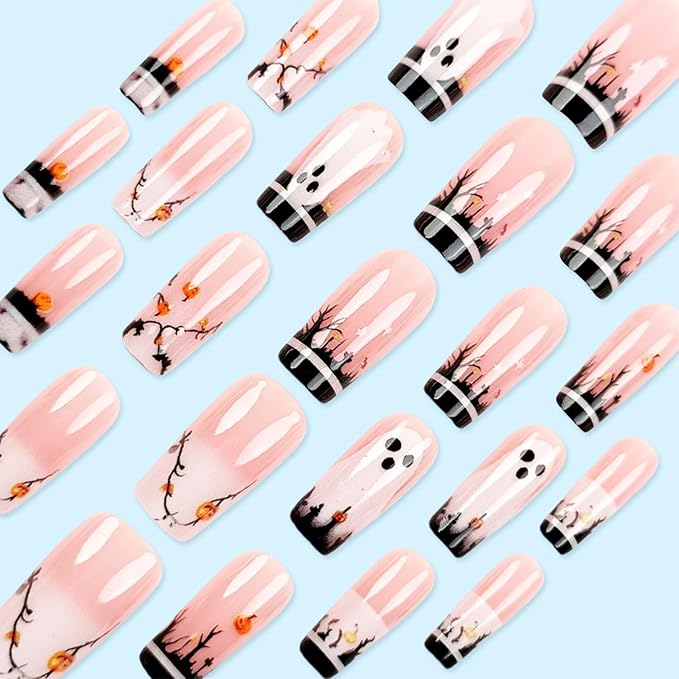 24pcs Halloween Press on Nails Medium Coffin French Tip Fake Nails with Designs Horror Ghost False Nails Pumpkin Glue on Nails French Full Cover Stick on Nails for Women Holiday Nail Decoration