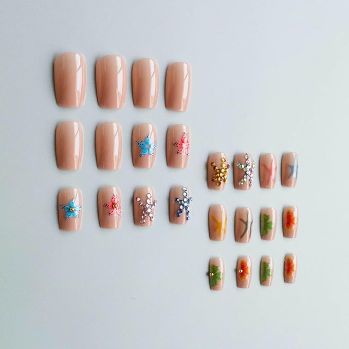 Summer Starfish Designs 24 Pcs Medium Square Acrylic False Nails with Full Coverage and Glossy Finish
