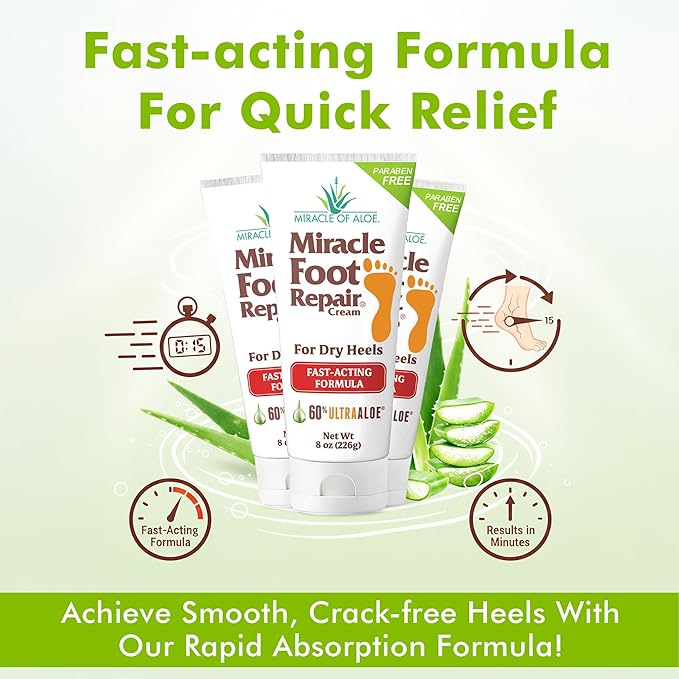 Miracle Foot Repair Cream (8 oz & 1 oz) Repairs Dry Cracked Heels and Feet, 60% Pure UltraAloe Moisturizes, Softens, and Repairs