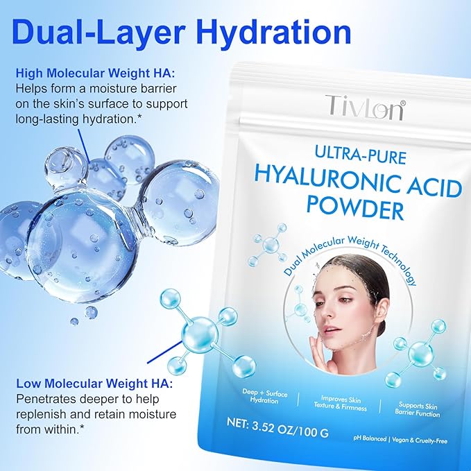 2PCS Hyaluronic Acid Powder, Hyaluronic Acid Supplements for Skin Care, Cosmetic Grade, Low Molecular Weight, Water-Soluble DIY Facial Serum for Face Hydration & Moisture