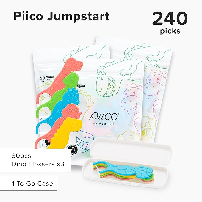 Piico Unflavored Kids Floss - No Fluoride Dual Line Dental Floss Picks - Fun Oral Care in Colorful Floss Sticks Design - Kids Flossers Prevent Tooth Decay & Gum Disease - 240 Count Dino & Travel Case
