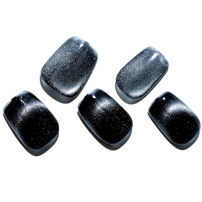 GLAMERMAID Press on Nail Extra Short Square, Winter Handmade Black French Tip Cat Eye Gel Glue on Nail, Glossy Fake Nails Reusable Acrylic False Nails Manicure Kits for Women