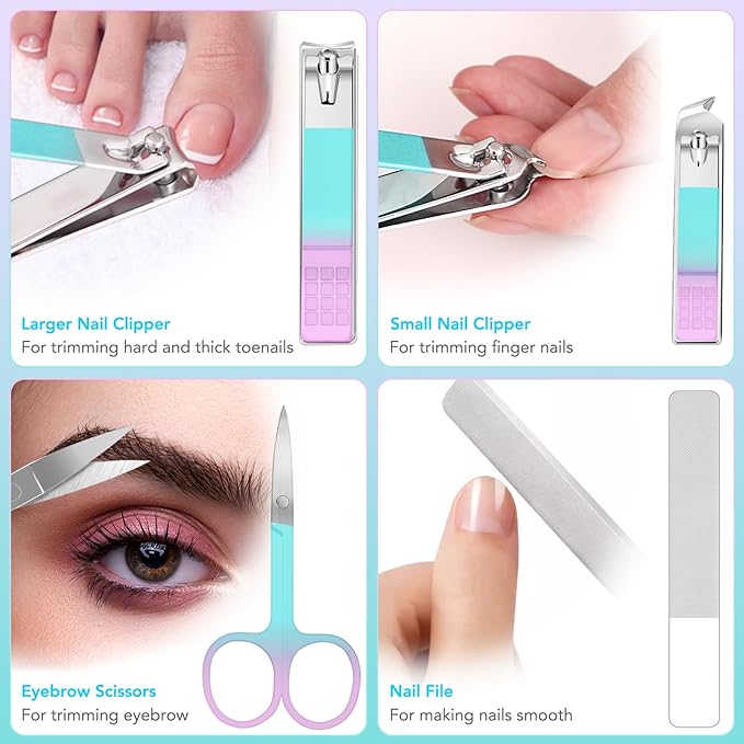 Tweezers Set and Nail Clippers 8Pcs Precision No Gaps Eyebrow Tweezer Kit for Facial Hair Men & Women Travel Tweezers with Leather Case (Violet/Cyan)