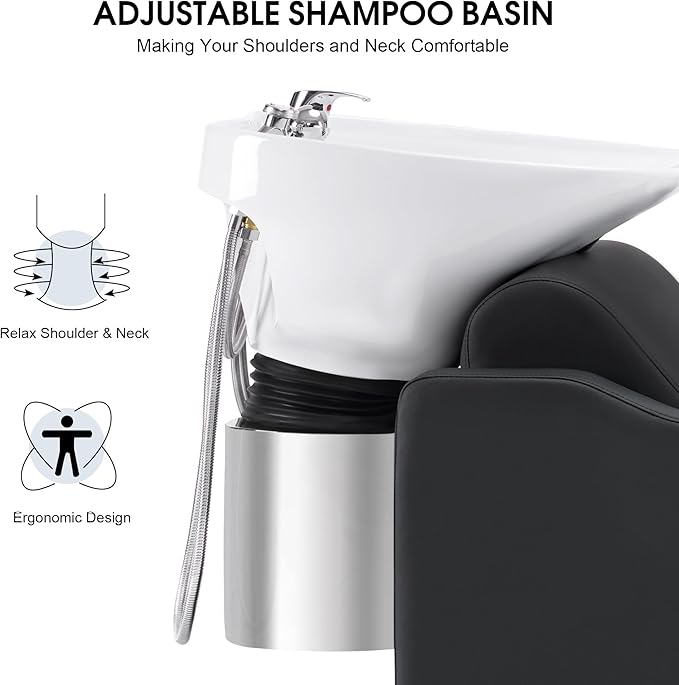 BarberPub Backwash Shampoo Station Chair, Adjustable Porcelain Ceramic Hair Wash Bowl with Chair, Shampoo Station for Barber Shop, Spa Beauty Salon Equipment 9364 (Black)