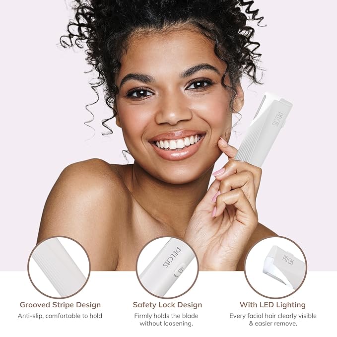 PELCAS Electric Dermaplaning Tool for Face with LED Light, Mini Facial Dermaplaning Razor Kit, Painless 3 Speeds Facial Peach Fuzz & Hair Removal At Home for Women with 6 Blades Off White