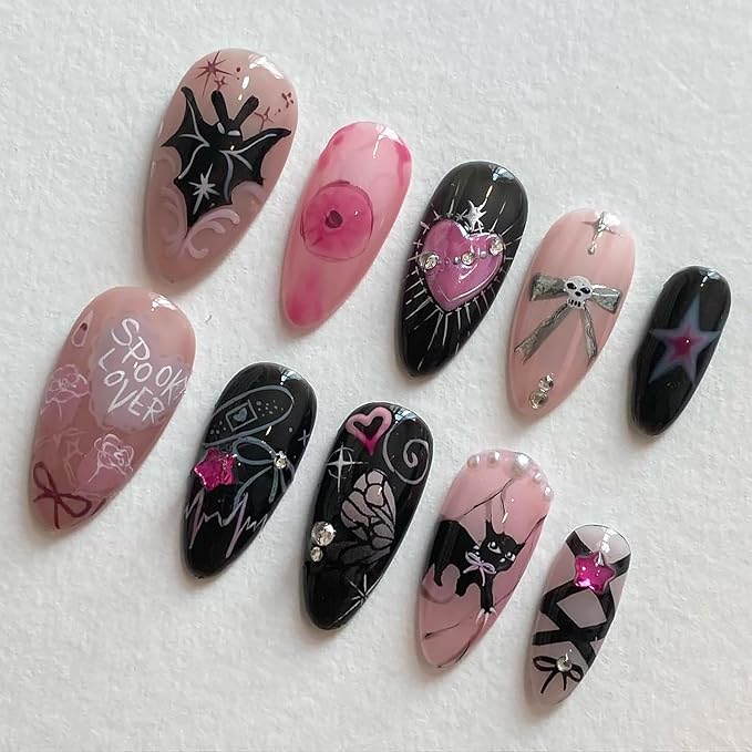 24Pcs Cute Cat Nails Halloween Press on Nails Medium Almond Fake Nails with Gothic Bat Heart Bow Rhinestones Design Glitter Y2k False Nails Black Pink Full Cover Artificial Glue on Nail for Women DIY