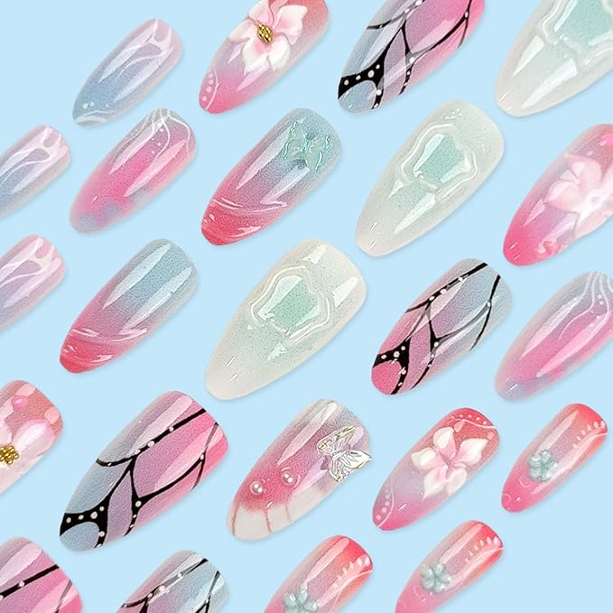 24Pcs Medium Almond Press on Nails Summer Fake Nails with 3D Flower Butterfly Designs False Nail Tips Glossy Pink Blue Glue on Nails Handmade Full Cover Acrylic Stick on Nail for Women