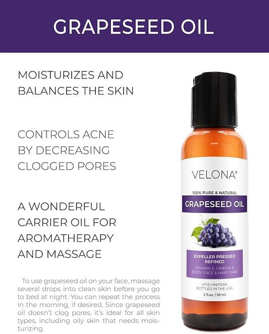 Grapeseed Oil by Velona - 2 fl oz | 100% Pure and Natural Carrier Oil | Refined, Cold Pressed | Cooking, Skin, Face, Body, Hair Care | Use Today - Enjoy Results
