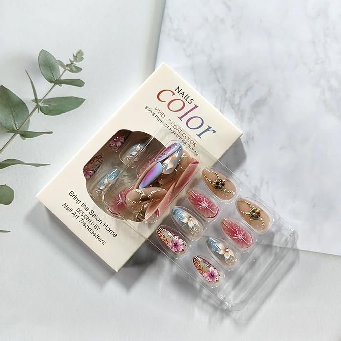 3D Flower Press on Nails Medium Almond Fake Nails Golden Starfish with Colorful Rhinestones Design Handmade Nails Pink Grapefruit False Nail Gradient Artificial Glue on Nail for Women 24Pcs