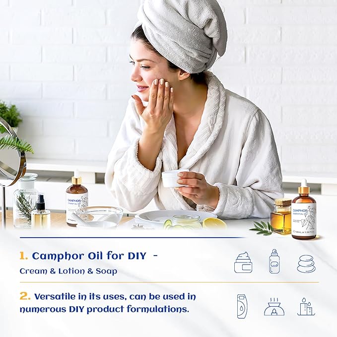 HIQILI 100ML Camphor Essential Oil Pure, 100% Undiluted for Skin, Diffuser, Aromatherapy - 3.38 Fl Oz