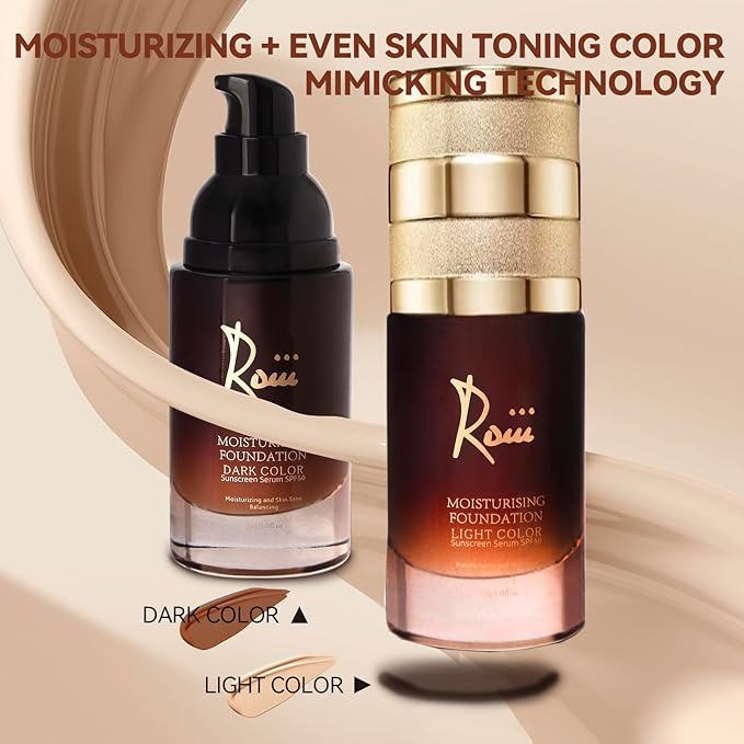 Roiii Lightweight SPF 50 Liquid Foundation - Full Coverage Sunscreen Makeup, Oil-Free & Long Lasting, Hydrating with Hyaluronic Acid for All Skin Types for Gym, Sports, Dancing (Light, 1.0 Oz)