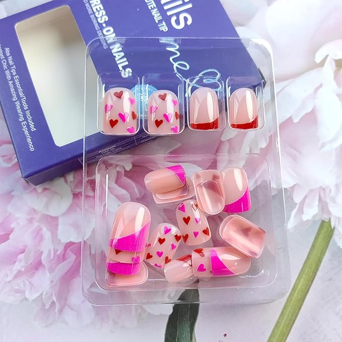 24Pcs Colourful Heart Press on Nails Short Square Valentines Fake Nails Heart Full Cover Design Acrylic Nails French Tip Press ons Cute Coffin False Nails Valentines Artificial Nails for Women