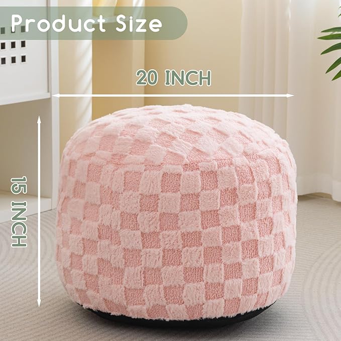 HIGOGOGO Round Stuffed Pouf Ottoman, Plaid Poufs with Foam Chunk Filling, Fluffy and Furry Pouf Foot Stool Storage Ottoman, 20 X 15 Floor Poufs Foot Rest for Living Room, Pink