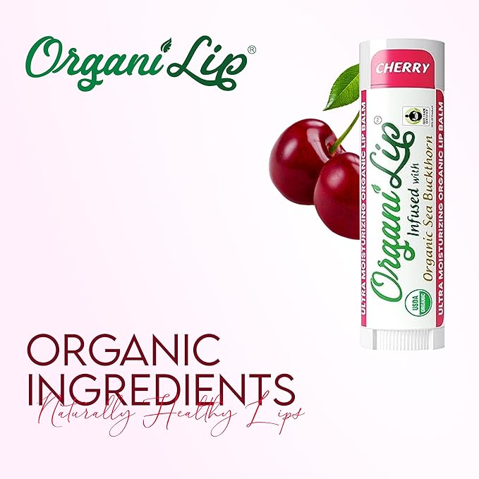 OrganiLip USDA Certified Organic Lip Balm for Nourishing Cracked or Dry Lips - All-Day Ultra Moisturizing Lip Care in Oval Shaped Tubes - 3-Pack (Cherry)