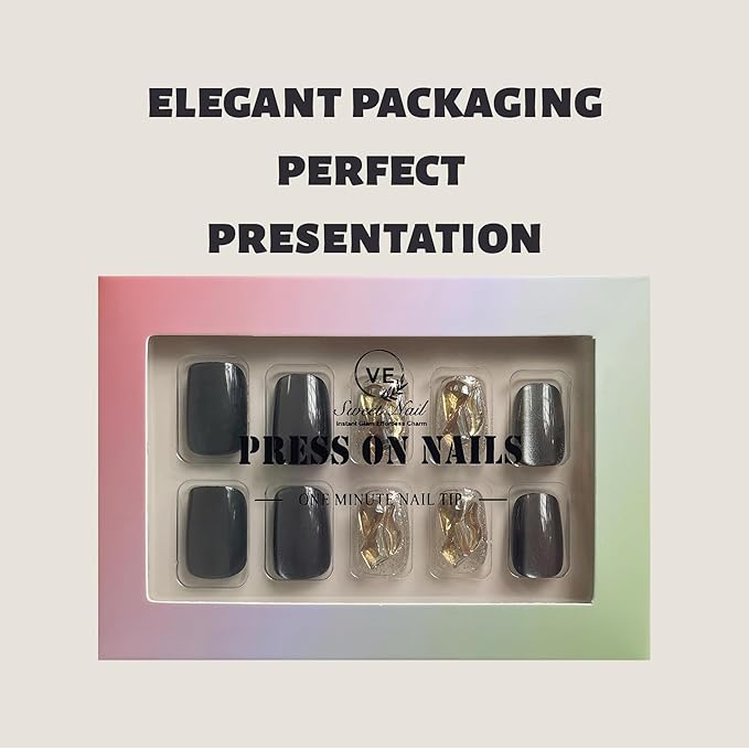 Black Cat Eye Short Squoval Press-On Nails – 28pcs with Champagne Rhinestone Accents, Soft Fit Back, Durable Front Edge, Reusable Full Cover Fake Nails for Daily, Party, Wedding