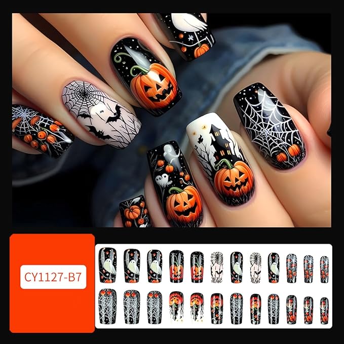 24Pcs Halloween Press on Nails Medium Square Pumpkin Fake Nails Spider Web Bat Castle with Cute Ghost Design Horror Stick on Nail Gothic False Nails Acrylic Glue on Nail for Women Manicure DIY