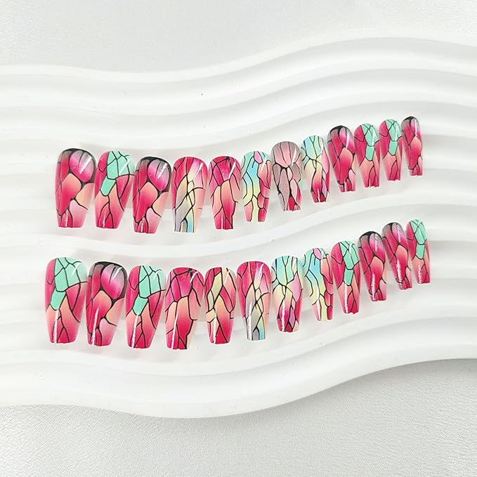 24Pcs Press on Nails for Women Fake Nails Medium Coffin Nail Press ons with Black Crack Designs Gradient Red Glue on Nails Glossy Color Stick on Nails Artificial Girl Manicure Art Style