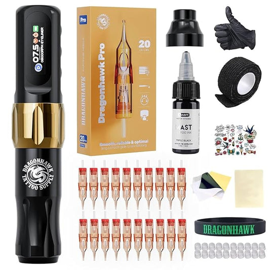 Dragonhawk Atom2 Tattoo Kit Wireless Pro Gun Machine 20 Tattoo Needles Cartridges Rca Supply Complete for Beginners
