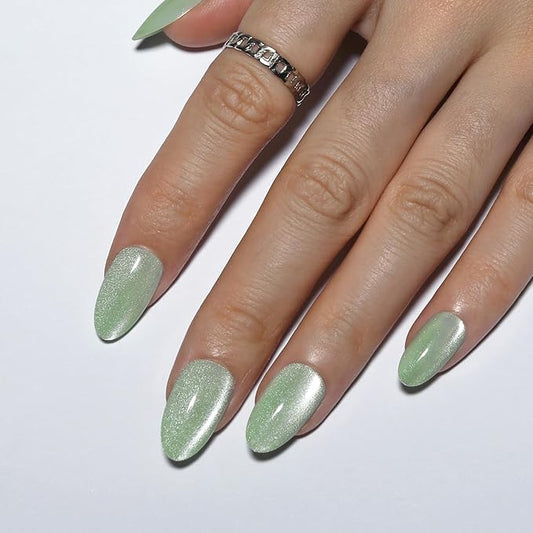 Green Almond Press On Nails Short Cat Eye Press on Nails with Glue for Women Ashionable Gel False Nails Reusable Acrylic False Nails Women's Glitter Nails Glue On Nails Kit, Mint Green