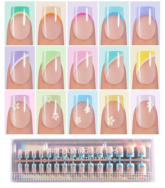 450Pcs Short Press On Nails, French Tip Press On Nails Square, Soft Gel Stick On Nails Reusable Fake Nails for Women 15 Sizes