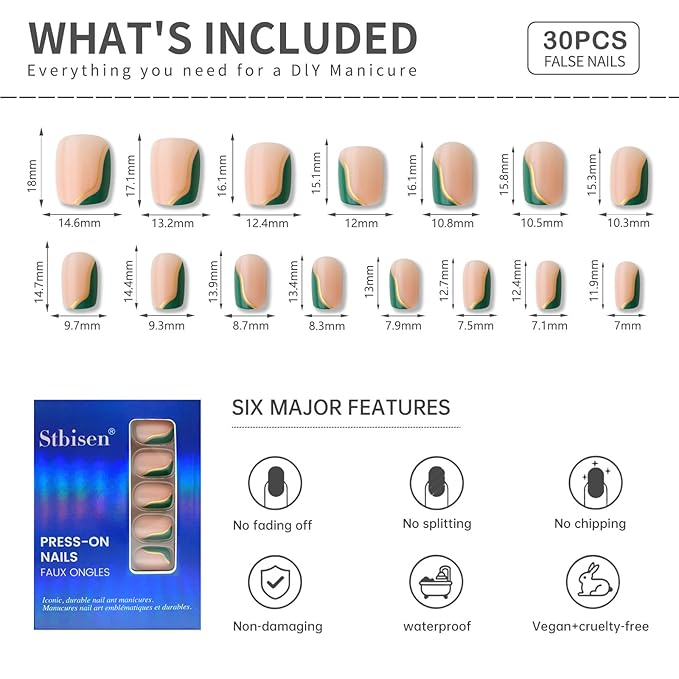 Green Press On Nails Short Square with Green Wavy French Tips and Gold Metallic Trim Line, Glossy Gel Finish, 30PCS 15 Sizes Reusable Acrylic Fake Nails Kit for Women