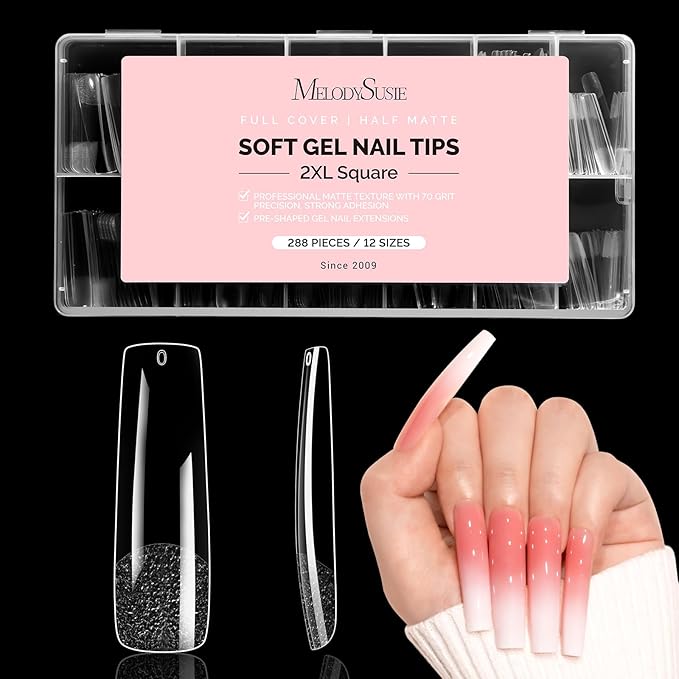 MelodySusie Long Square X Nail Tips - 288Pcs Clear Acrylic, Half Matte Full Cover Press on Nails for DIY Extension & Salon Use,12 Sizes Pre-Shaped for Long-Lasting Manicure
