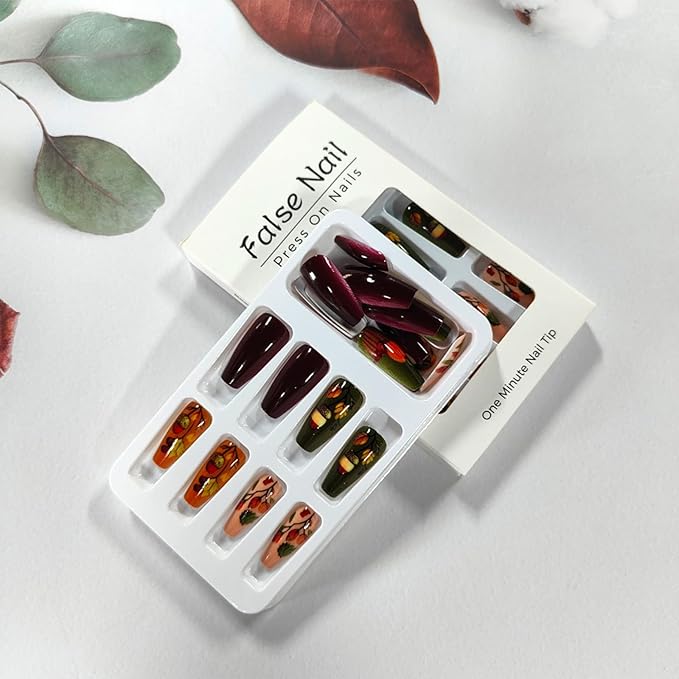 Autumn Thanksgiving Press on Nails Medium Coffin Pumpkin Acorn Fake Nails Fall Maple Leaf Stick on Fingernails Colorful Leaves Acrylic False Nails Glossy Gel Glue on Nail for Women 24Pcs