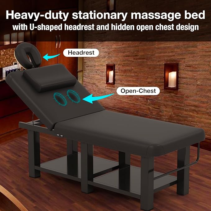 Professional Massage Table Heavy Duty - Adjustable Spa Facial Bed with Open Chest & Headrest, PU Leather, Metal Frame for Physical Therapy, Tattoo, Salon, Treatment - Black