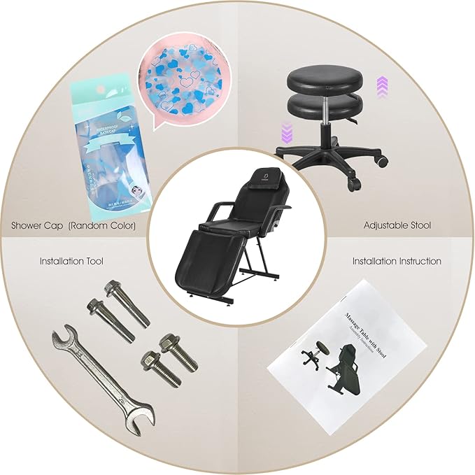 Tattoo Chair, Multipurpose Facial Chair 73 Inch Spa Salon Facial Bed with Massage Equipment Spa Stool for Beauty Spa Tattoo, Black