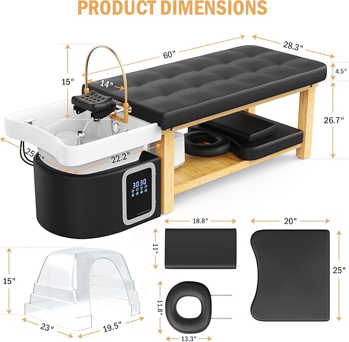 Olela Heavy Duty Head Spa Bed - Headspa Equipment with Water Cycle & Fumigation Salon Equipment, Stationary Massage Table with U Shaped Head Basin and Wood Frame for Beauty Salon