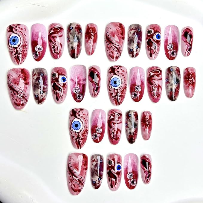 30Pcs Halloween Press on Nails Medium Almond Shaped Gothic Fake Nails Wound Stitch with Eye Red Full Cover Glue on Nails Artificial Reusable False Nails for Women Acrylic Manicure DIY