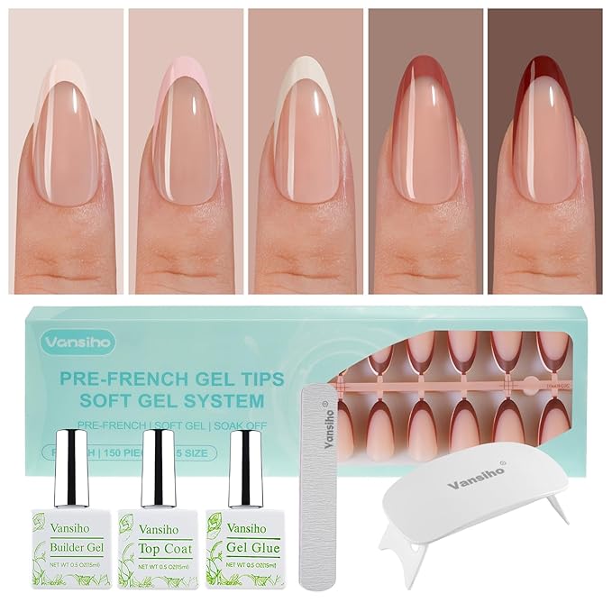 Vansiho French Gel Nails Kit - Medium Almond French Tip Press on Nails Kit, Nail Gel and Nail Lamp for Gift and Nail Art DIY
