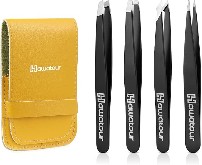 HAWATOUR Tweezers Set, 4Pcs Eyebrows Tweezers for Women, Great Precision for Ingrown Hair, Splinter, Facial Hair Removal, Black
