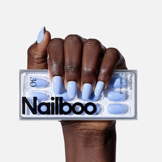 Nailboo Press On Nails, Salon-Quality Reusable Fake Nails for Fast DIY Manicure with Strong Hold Nail Glue for Press Ons, Nail File, & Alcohol Prep Pads, Baby Blue
