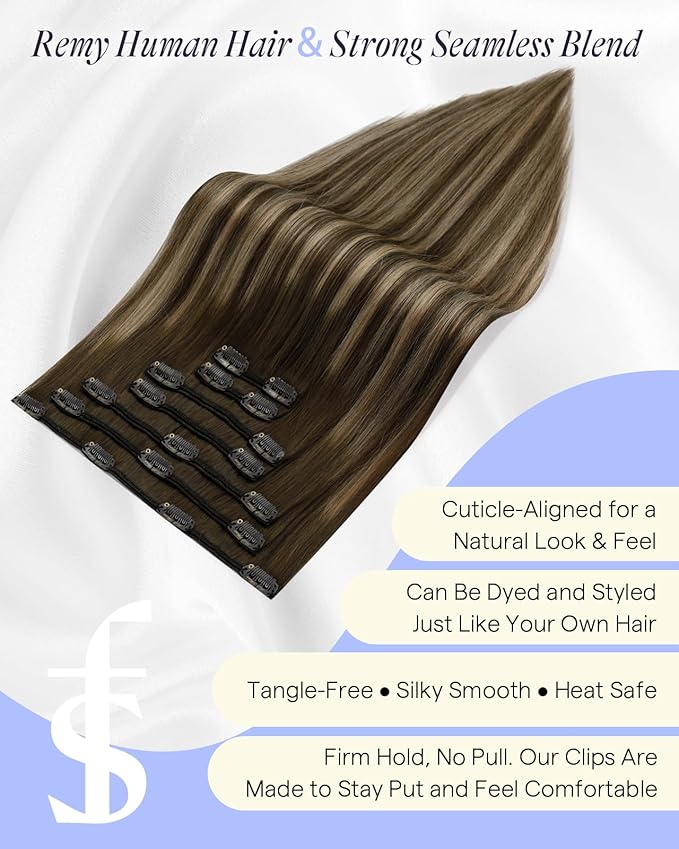 Full Shine Brown Human Hair Clip in Extensions 150 G Medium Brown Balayage Caramel Blonde Thick Hair Extensions 24 Inch Clip in Hair Extensions Human Hair Full Head Thick Ends 7 Pcs