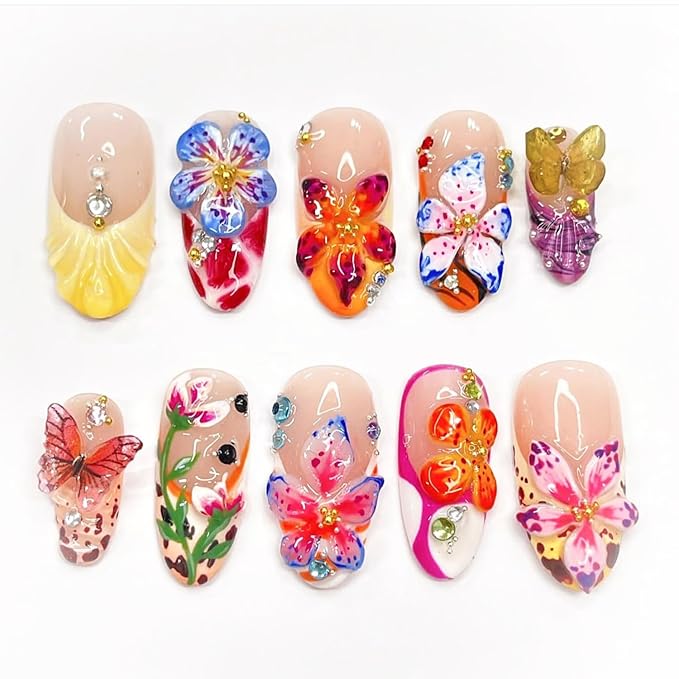 24pcs Colorful Flower Press on Nails Medium Almond Fake Nails with 3D Summer Floral Butterfly Rhinestone Design Glue on Nails French Tip False Nails Gold Beads Acrylic Nails Stick on Nails for Women