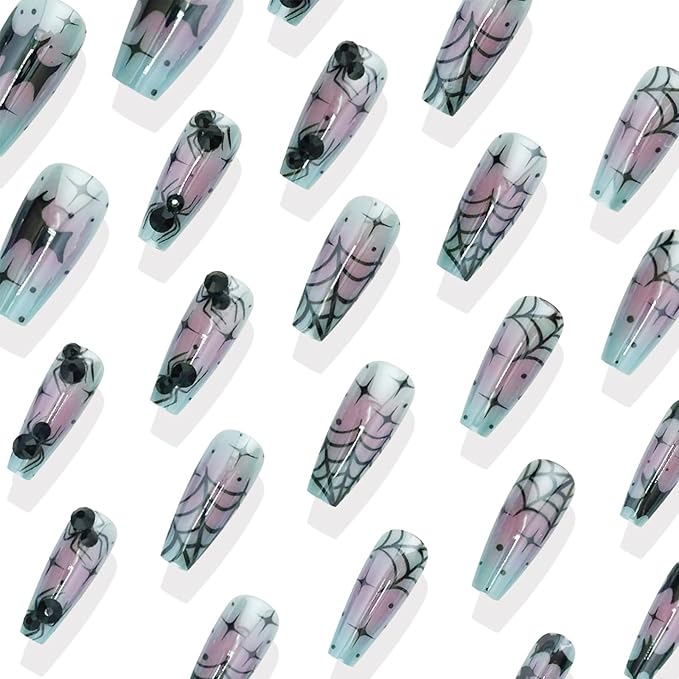 30Pcs Halloween Press on Nails Medium Coffin Chrome White Pink Blue Halloween Fake Nails with 3D Rhinestone Designs Spider Web Bat False Nails Reusable Full Cover Acrylic Glue on Nails for Women