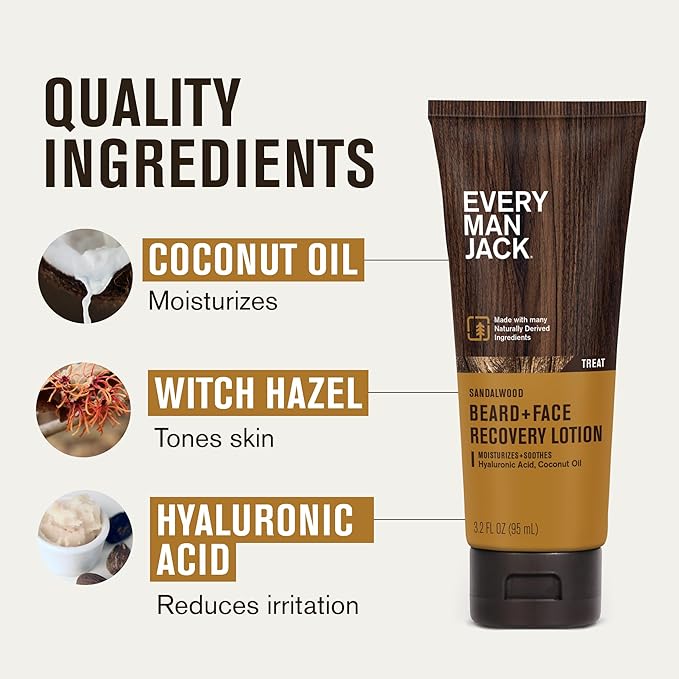 Every Man Jack Beard + Face Recovery Lotion-Moisturizes Relieves Dry Skin and Beard Itch - Light Sandalwood Scent-Made w/Naturally Derived Ingredients like Coconut Oil, and Witch Hazel-3.2oz(2 pack)