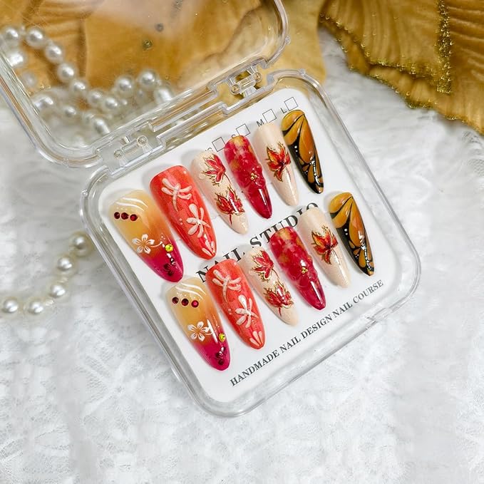 30Pcs Fall Press on Nails Medium Almond Fake Nails Autumn Acrylic Nail with Maple Leaves,Dragonfly,Flower＆Butterfly Design Sparkly Rhinestones Thanksgiving False Nail Reusable Glue on Nails for Women