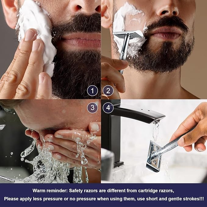 Shiny Silver Double Edge Safety Razor, Single Blade Razors for Men and Women, with 10 Stainless Steel Safety Razor Blades, Reusable, Smooth and Close Wet Shaving Kit, Plastic Free