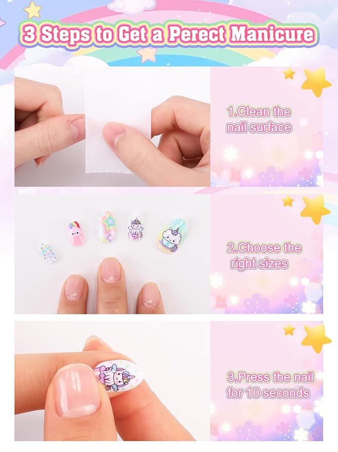 72 Pieces Press on Nails for Kids, EBANKU 3 Pack Kid Fake Nail Kit Rainbow Unicorn Star Press on Nails for Girls 7-12 Years with Jelly Nail Adhesives