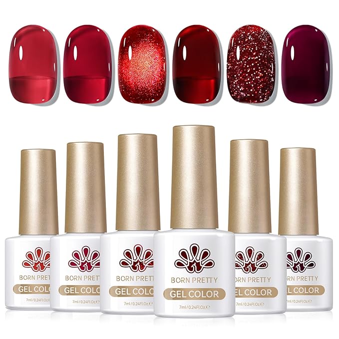 Born Pretty Jelly Burgundy Gel Nail Polish Ruby Red Glitter Cat Magnetic Eye Gel Nail Polish Fall Winter Blood Cherry Wine Red Gel Polish Glitter Soak Off Nail Art Salon Manicure Home Gift 7ml 6pcs