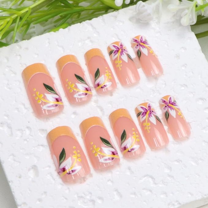 French Tip Press on Nails Medium Length Square Fake Nails with Flower Designs Orange Nails Press ons Fall False Nails for Women 24Pcs