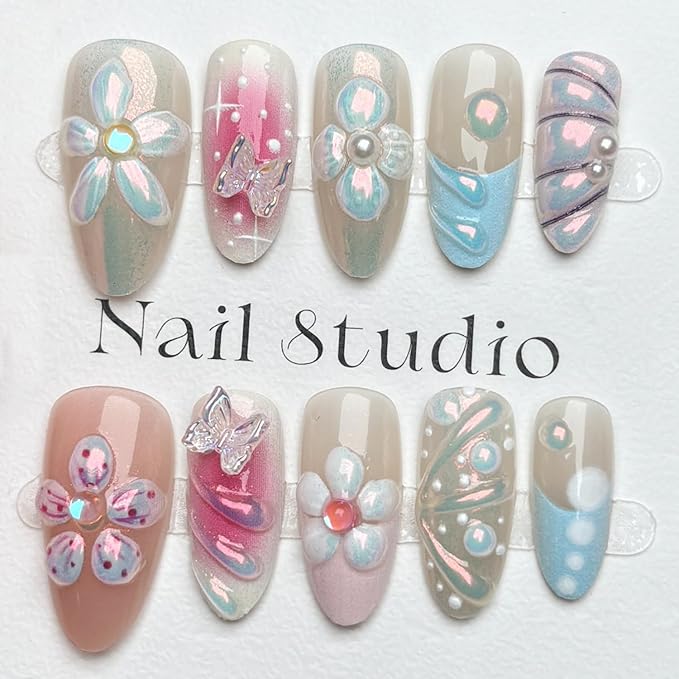 30Pcs Flower Press on Nails Medium Almond Handmade Fake Nails with Crystal 3D Butterfly Flowers Pearl Design French Nails Cute Stick on Nails Full Cover Artificial Glue on Nails for Women