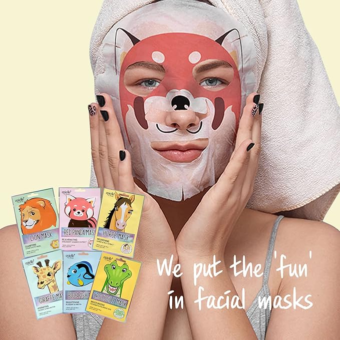 Epielle Animal Character Sheet Masks 6 Pack, Moisturizing & Hydrating Face Mask with Hyaluronic Acid & Fruit Extract, Korean Skin Care, Girls Spa Party Favors, Sleepover, Self Care Gifts for Women