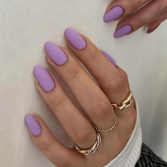 Matte Lilac Press on Nails Short Almond Fake Nails Press ons, Thick Solid Color Glue on Nails Short False Nails, Medium Almond Nails Oval Round Shaped Nails for Women, Natural Acrylic Gel Nails