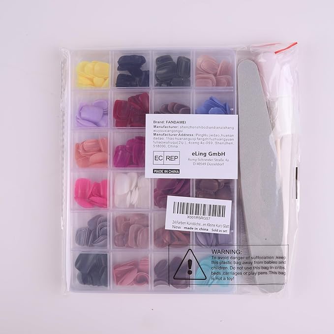 FANDAMEI Press on Nails Short, 24 Packs 576PCS Short Round Press on Nails, 24 Glossy Color Small Fake Glue on Nails with 7g Nail Glue, 24 Color False Nail for Small Nails and hands